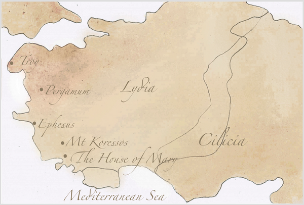 Troy Ephesus Pergamum and The House of Mary Map